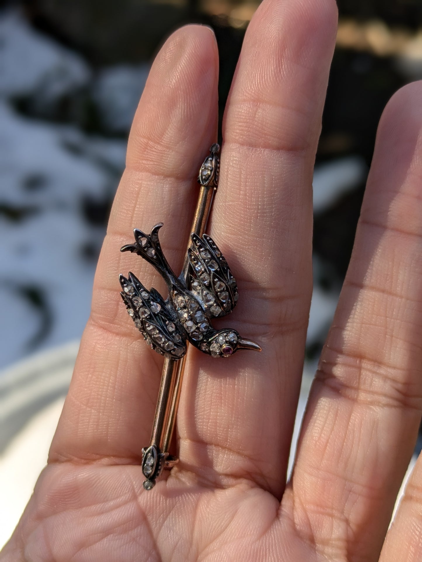 French 18k and Silver Napoleonic Bird Brooch with Single Cut Diamonds and Ruby