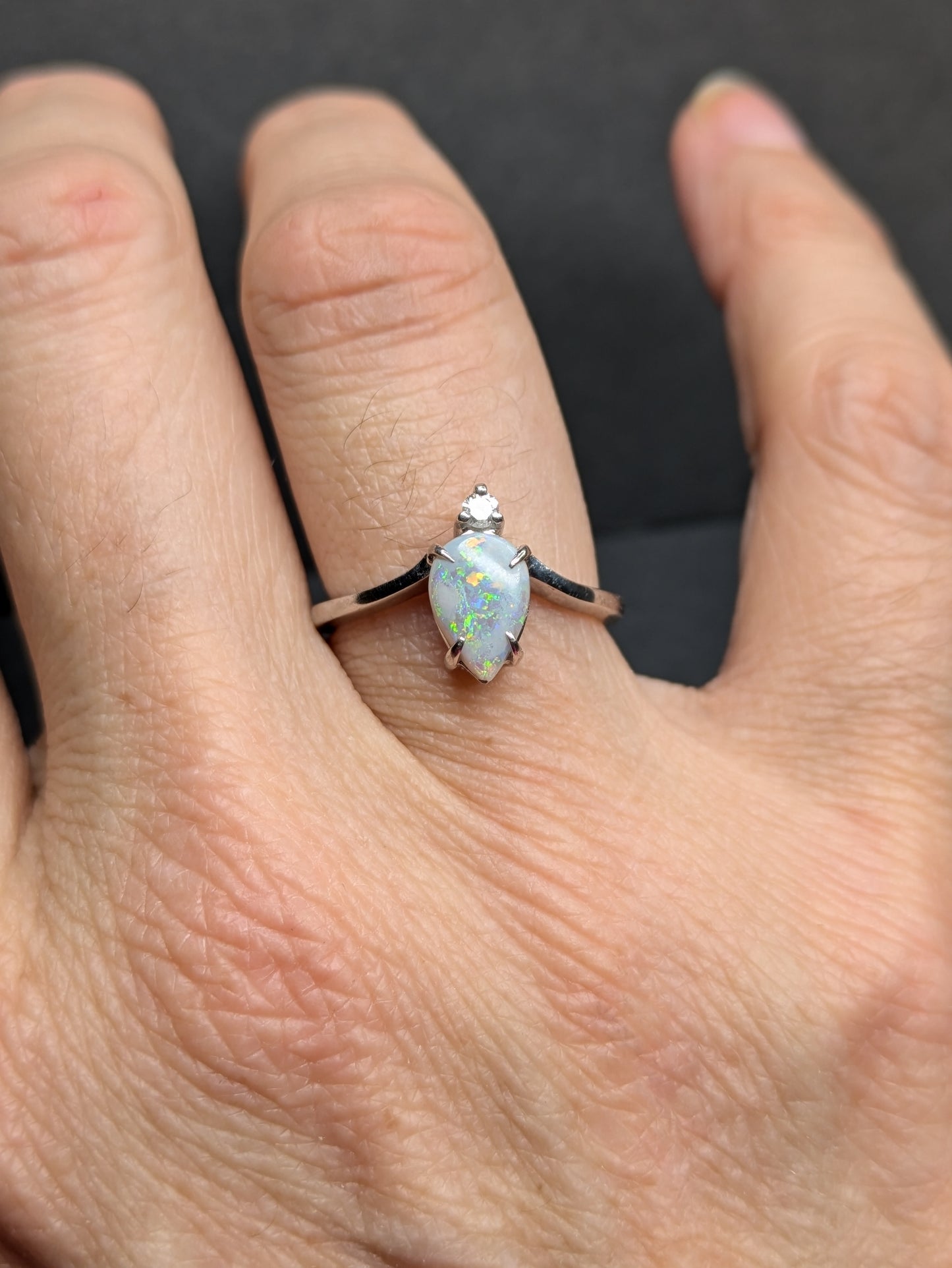 14kt White Gold Pear Shaped Opal and Diamond Ring