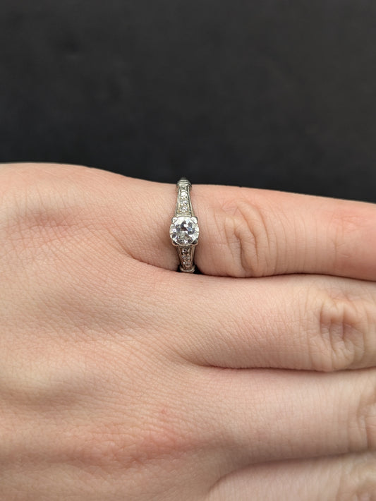 Platinum 1/3 ct Center Mine Cut Diamond Ring set with Side Diamonds