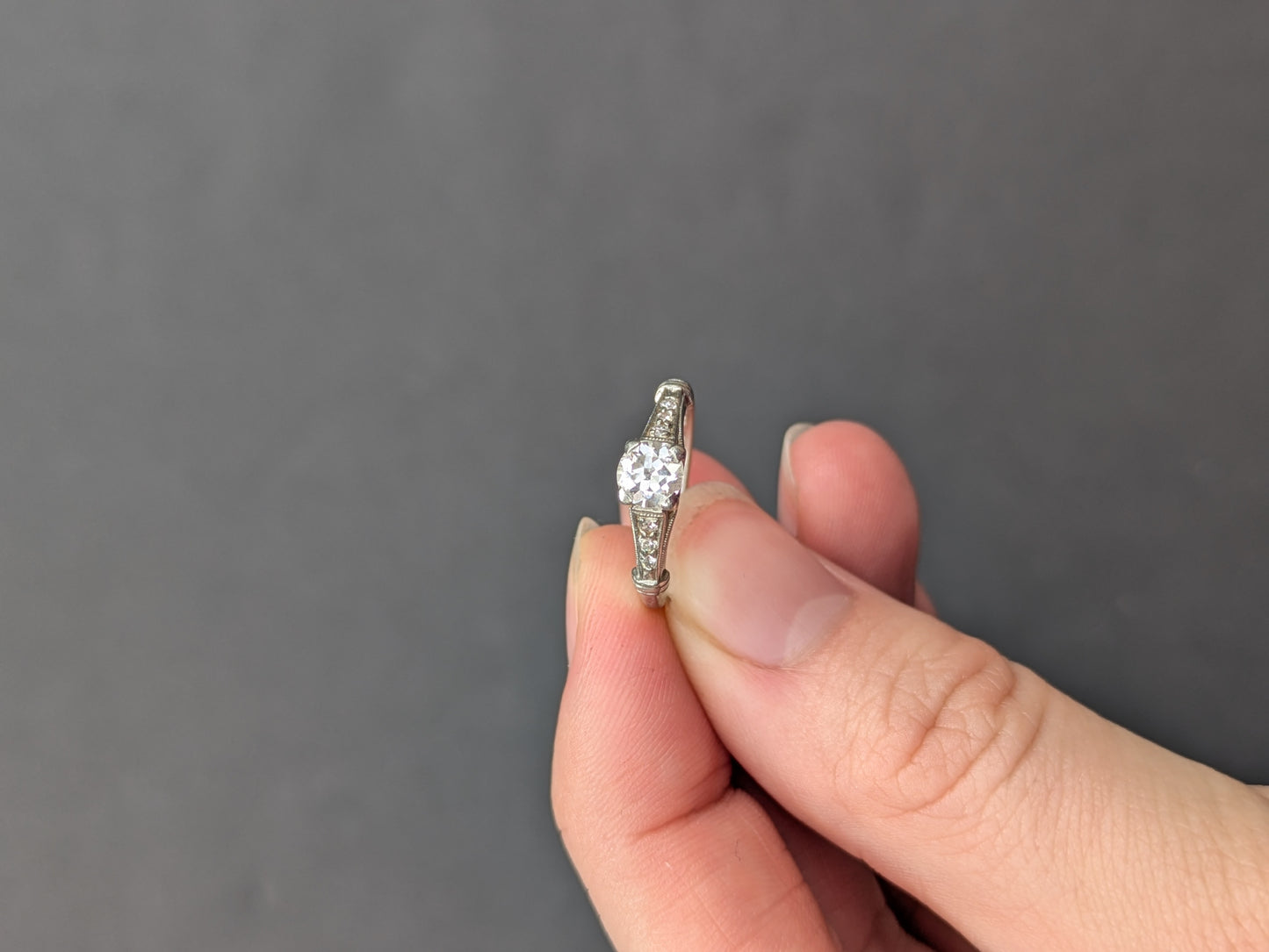 Platinum 1/3 ct Center Mine Cut Diamond Ring set with Side Diamonds