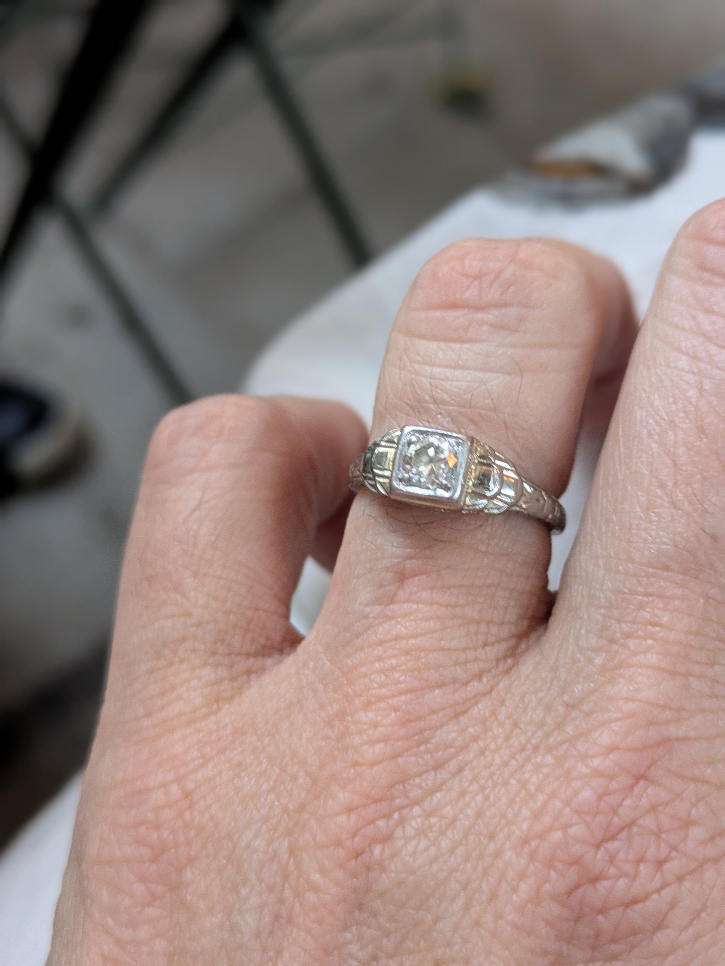 18k White Gold Illusion Mounted 1/4 ct Old European Cut Diamond Ring