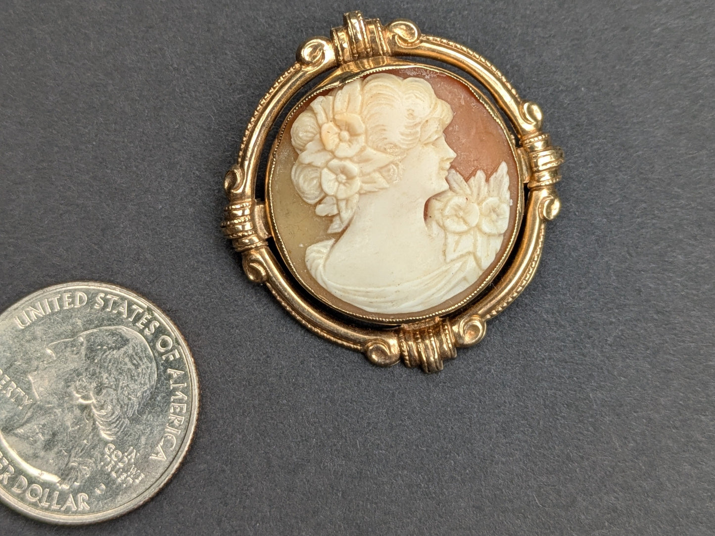 10k Framed Round Cameo Brooch with Conch Shell