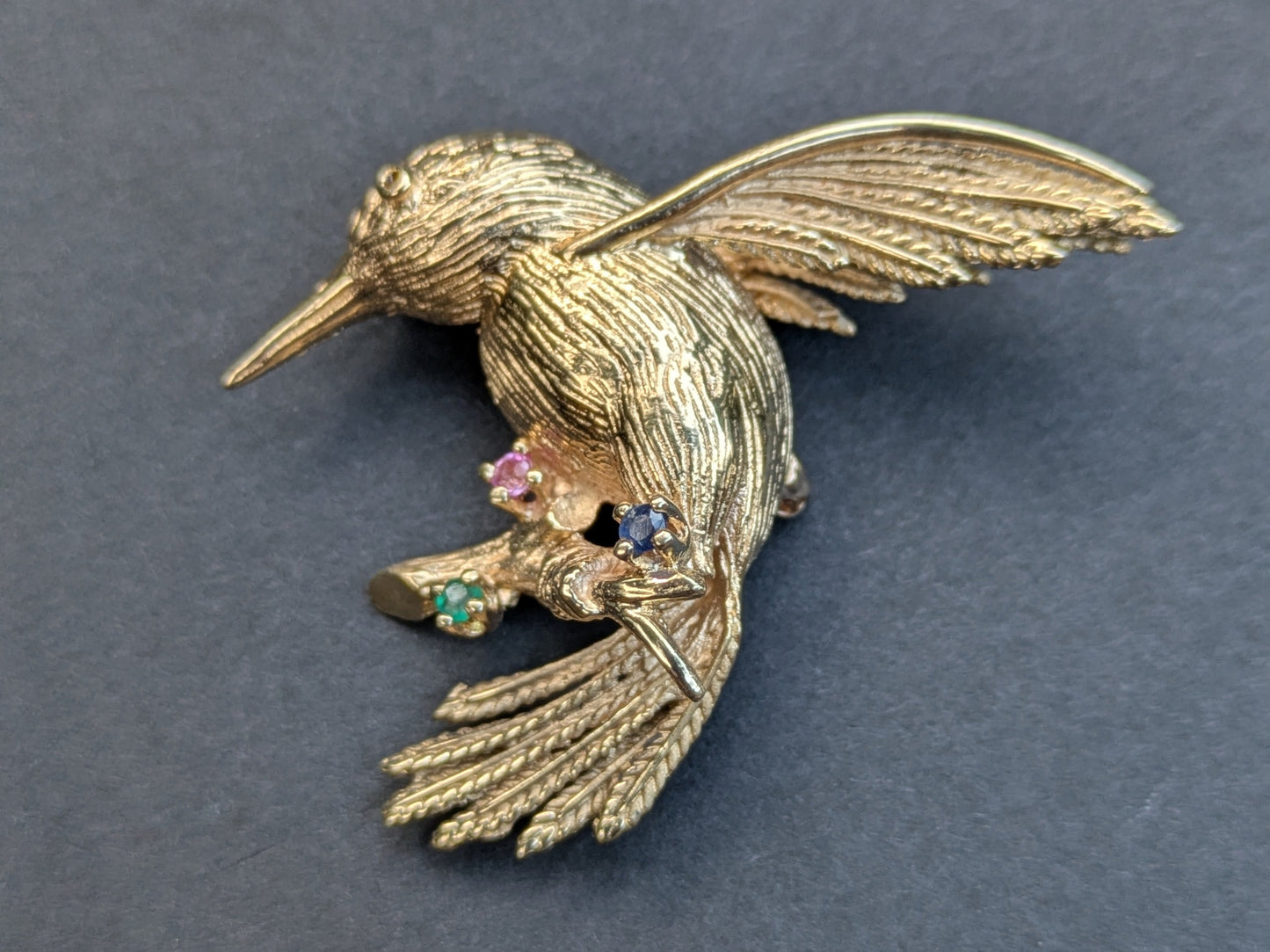 18k Hummingbird Brooch with Emerald, Sapphire, and Ruby