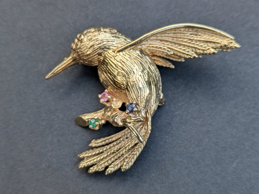 18k Hummingbird Brooch with Emerald, Sapphire, and Ruby