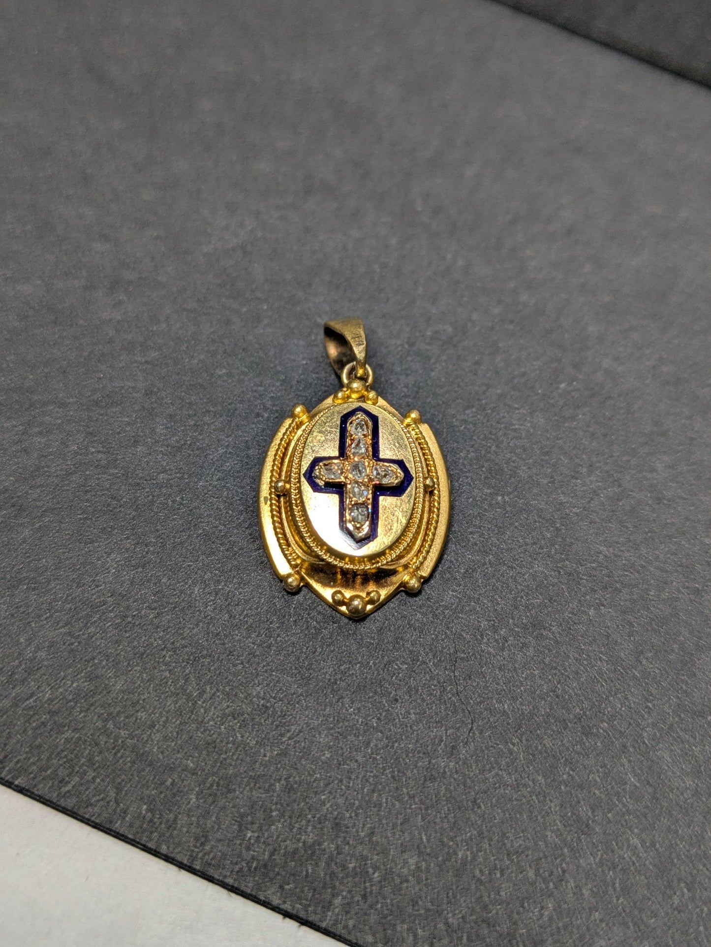 18k French Diamond and Blue Enamel Cross Pendant