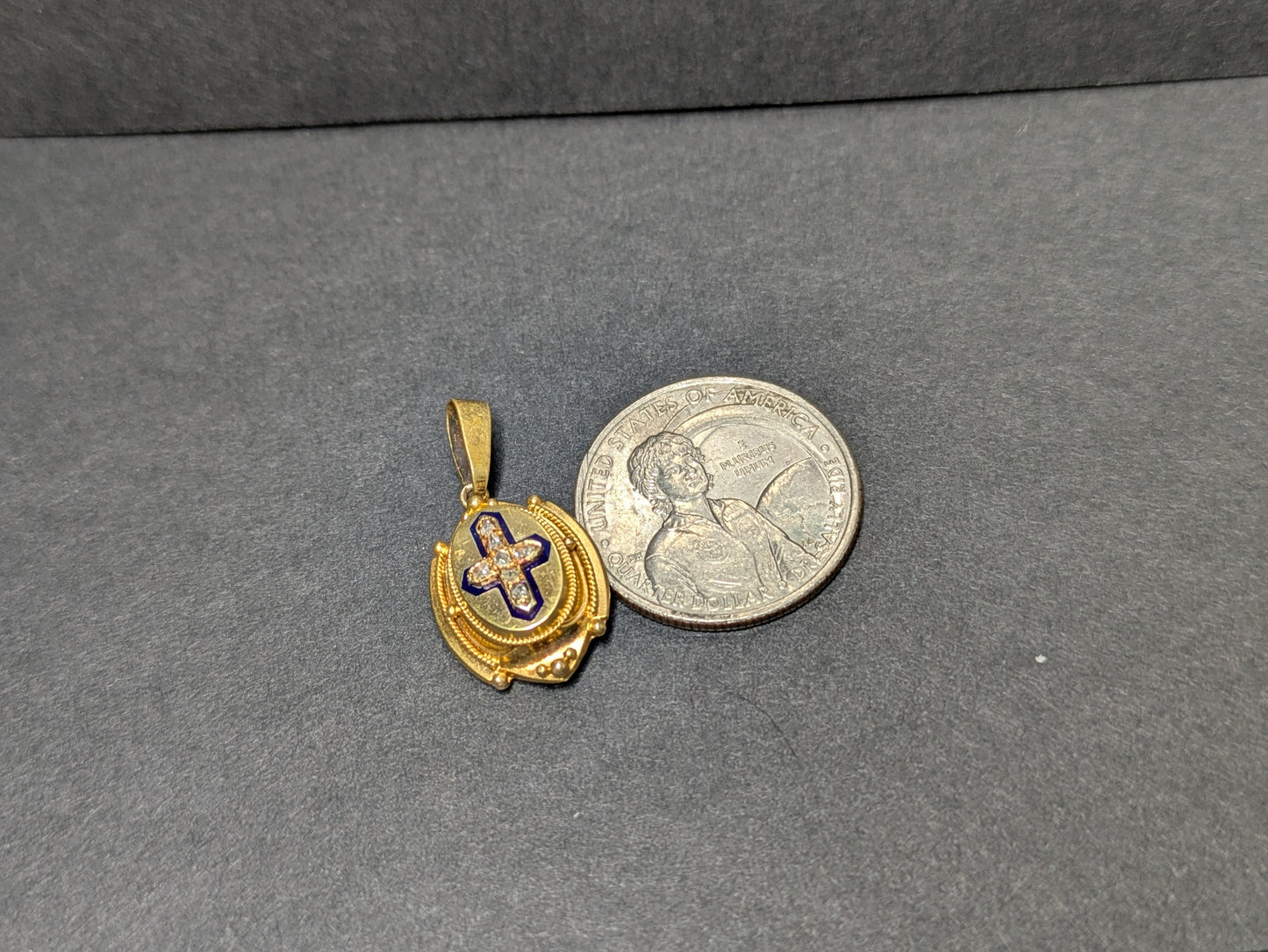 18k French Diamond and Blue Enamel Cross Pendant