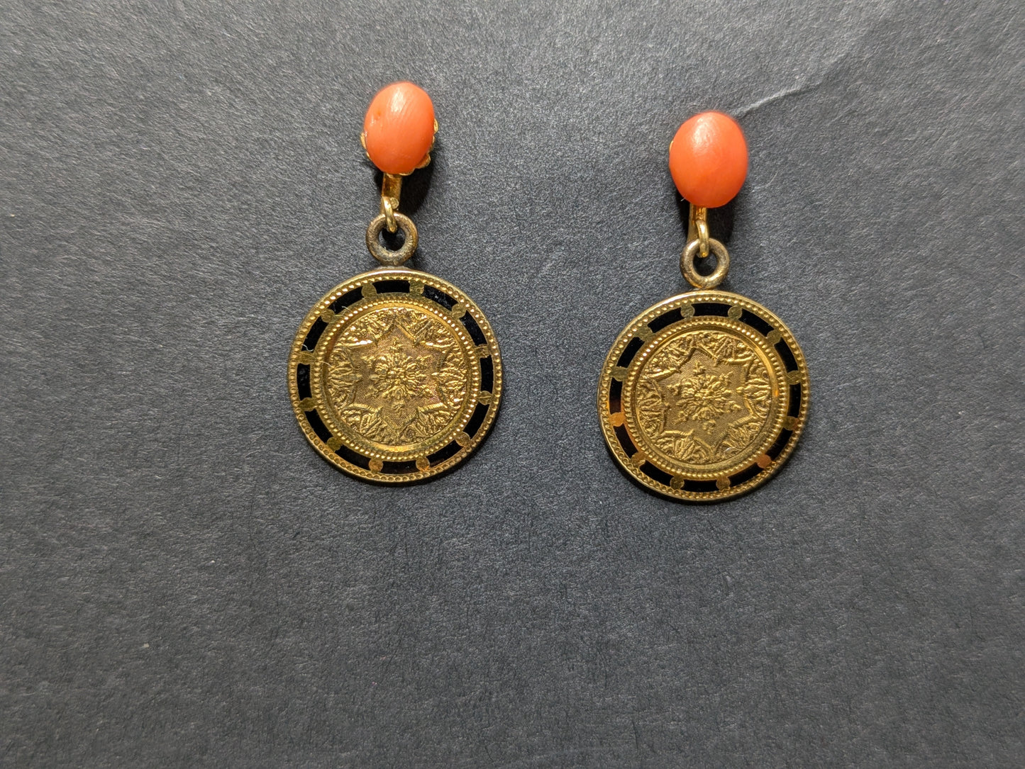 14k Coral and Enamel Earrings with Hand Chasing