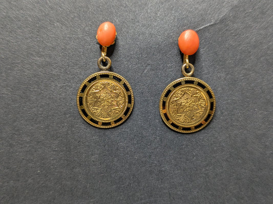 14k Coral and Enamel Earrings with Hand Chasing