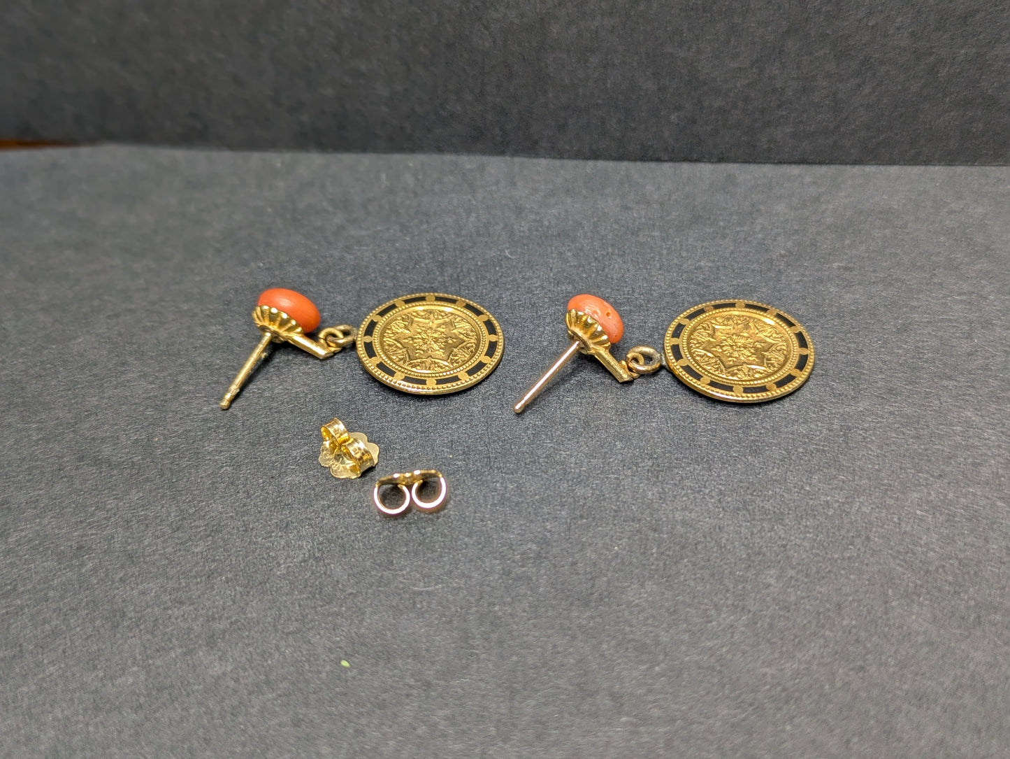 14k Coral and Enamel Earrings with Hand Chasing