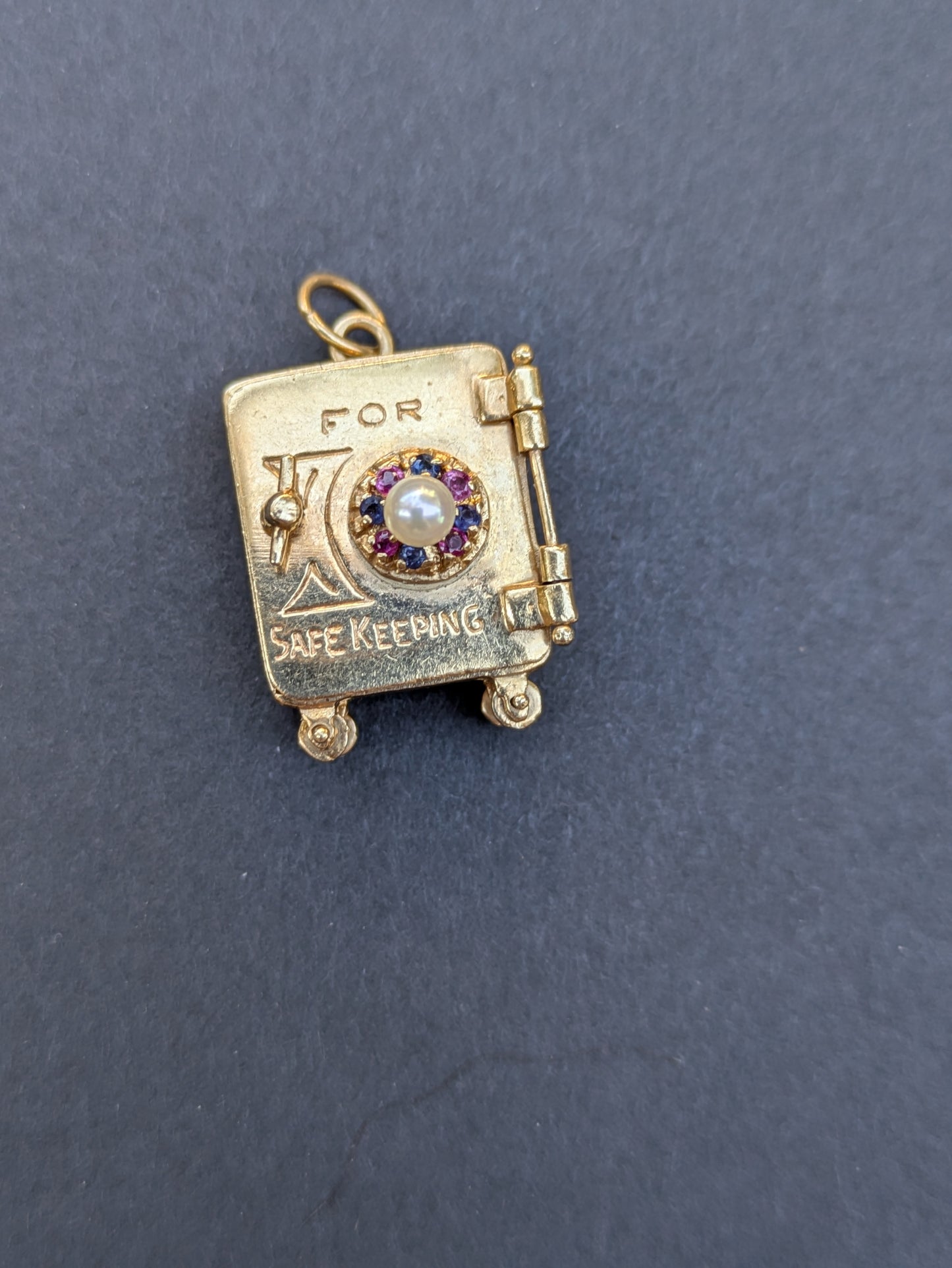 14k Safe with Heart Inside Pendant with Sapphire Ruby and Pearl