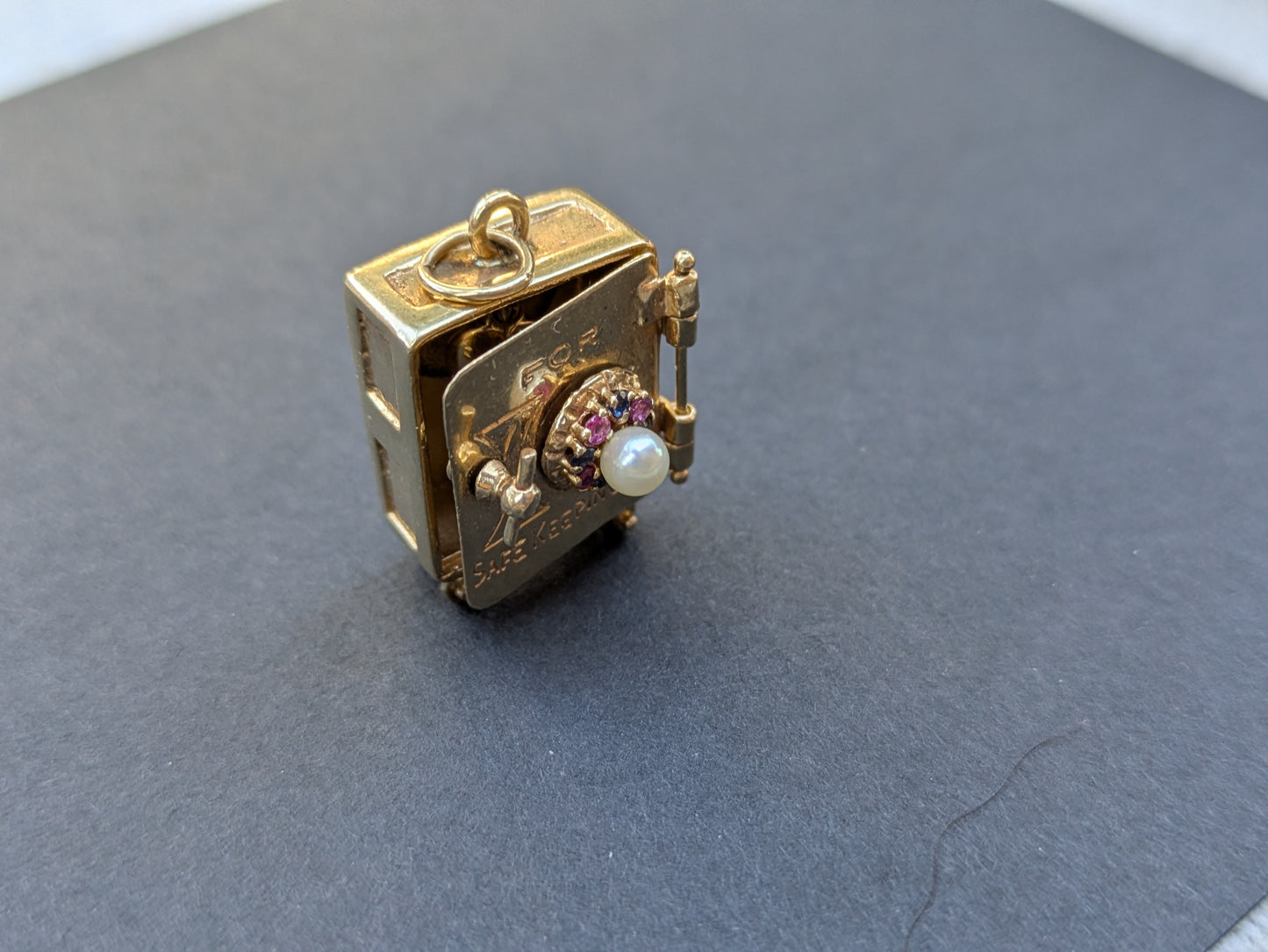 14k Safe with Heart Inside Pendant with Sapphire Ruby and Pearl