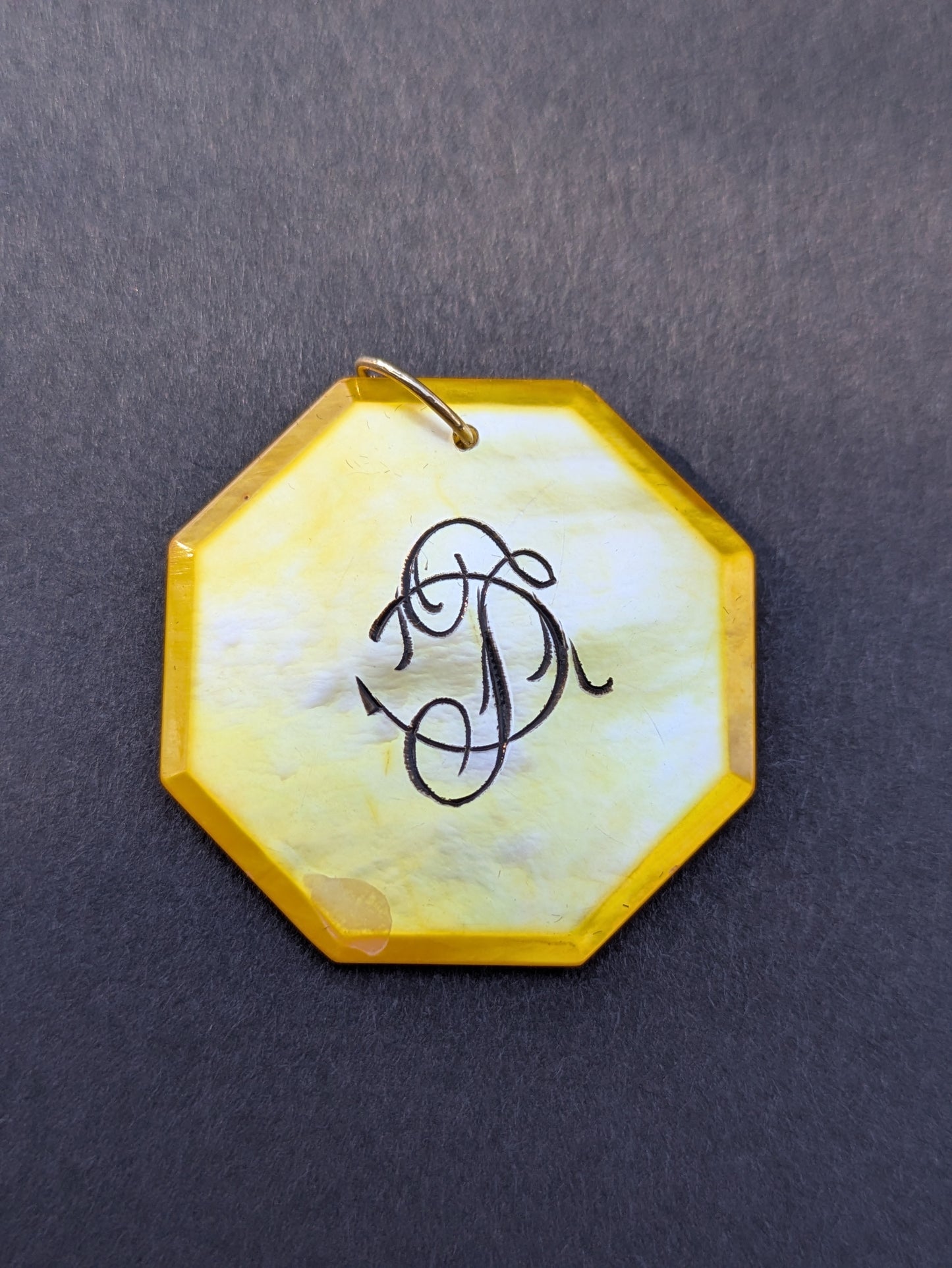 Octagon Yellow Mother of Pearl Poker Chip with Navy Engraving "10"