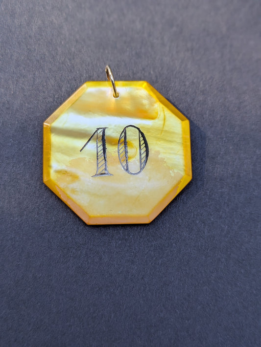 Octagon Yellow Mother of Pearl Poker Chip with Navy Engraving "10"