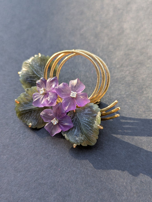 14k Carved Violets and Leaves Brooch with Jade, Amethyst, and Diamond