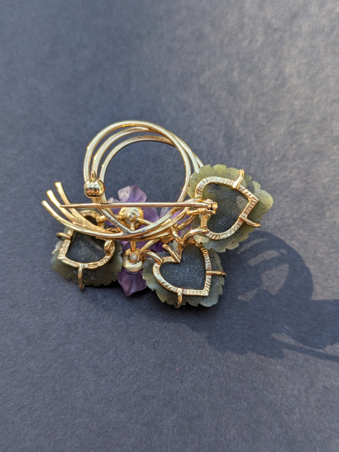 14k Carved Violets and Leaves Brooch with Jade, Amethyst, and Diamond