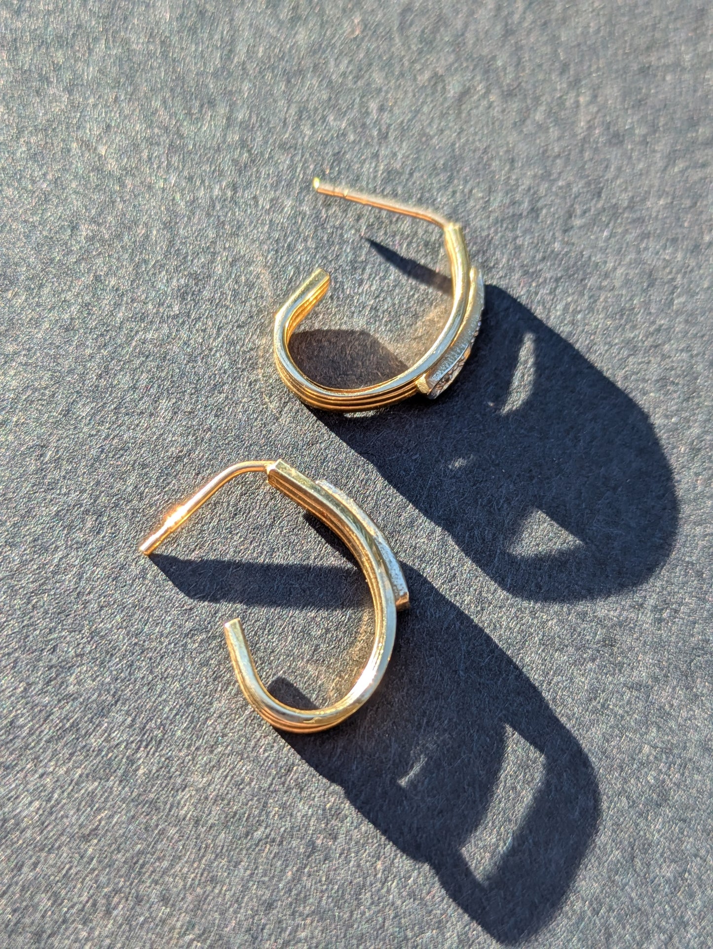 14k Yellow and White Gold Half Hoop Earrings with Diamond