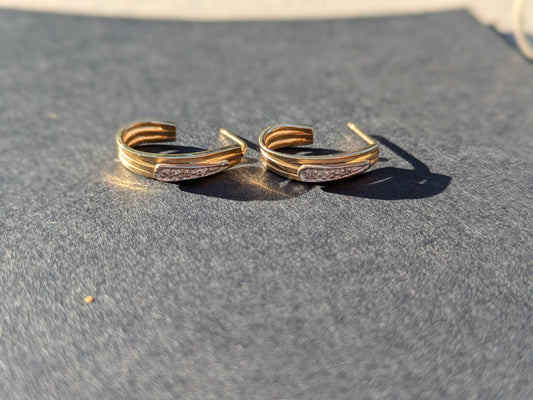 14k Yellow and White Gold Half Hoop Earrings with Diamond