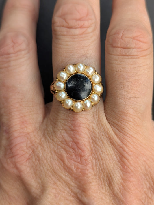 Natural Pearl and Onyx "Daisy" Ring