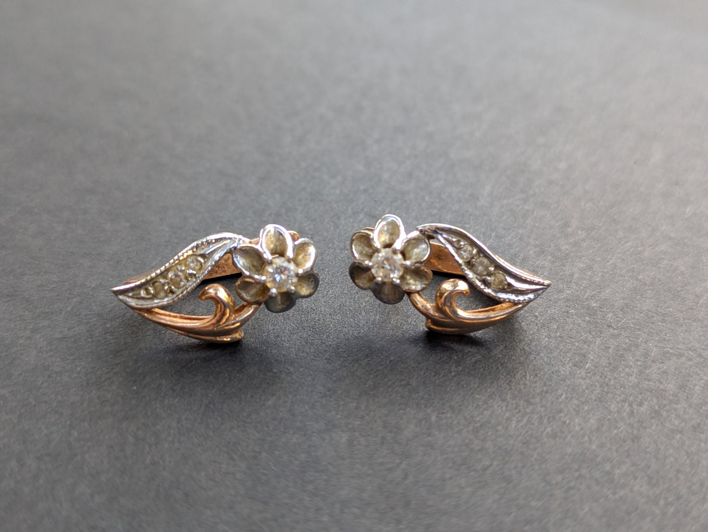 14k Eastern European Daffodil Earrings with Mine Cut Diamonds