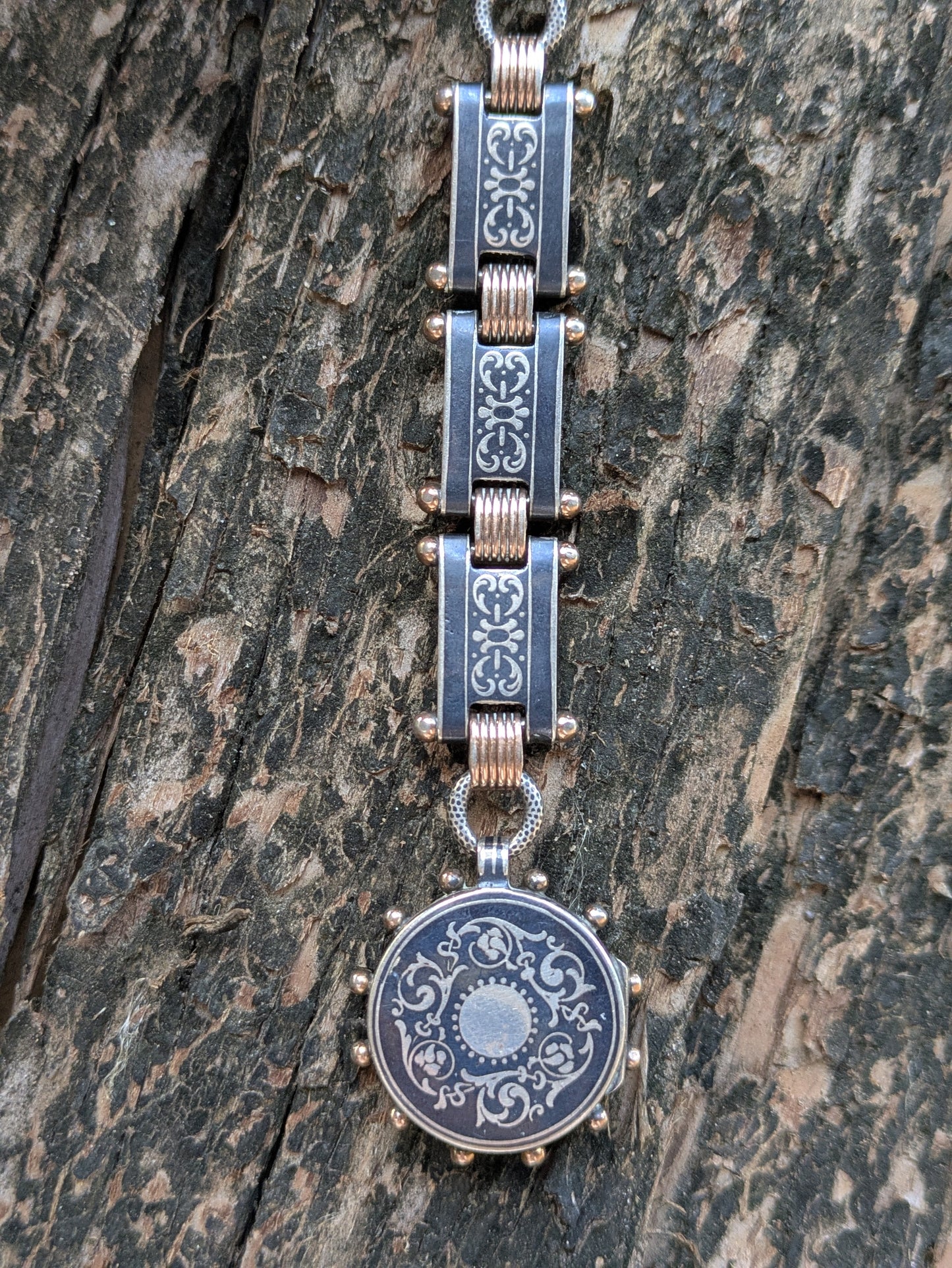 Swiss Niello Sterling Pocket Watch with Rose Gold Watch Chain and Locket