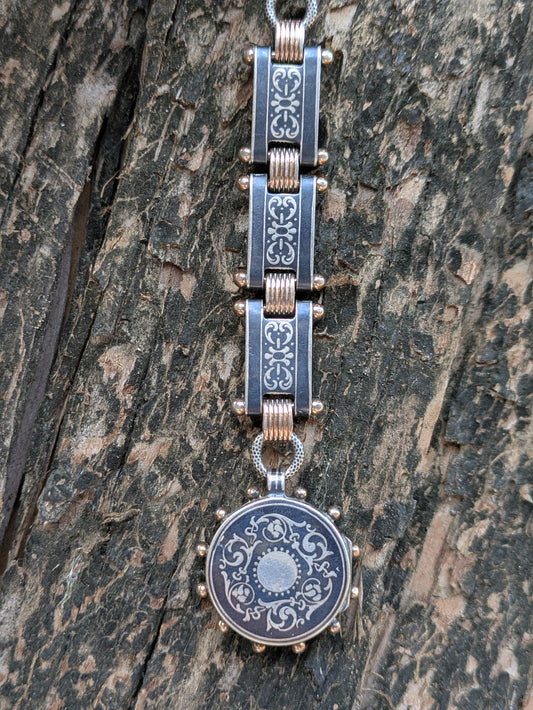 Swiss Niello Sterling Pocket Watch with Rose Gold Watch Chain and Locket