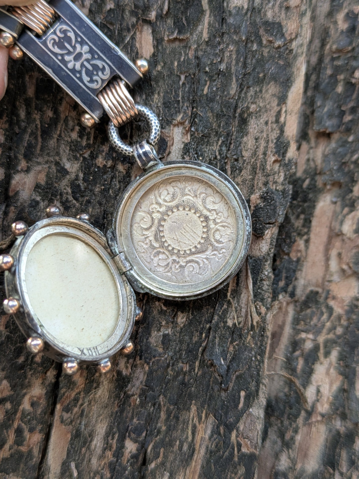 Swiss Niello Sterling Pocket Watch with Rose Gold Watch Chain and Locket