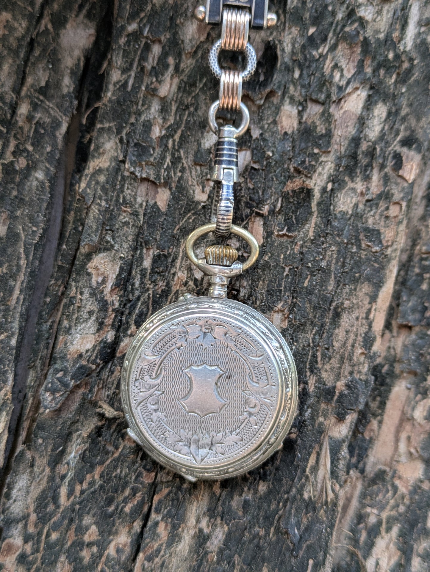 Swiss Niello Sterling Pocket Watch with Rose Gold Watch Chain and Locket