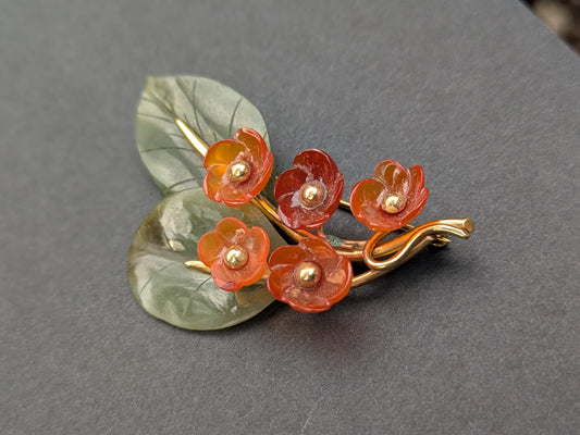 14k Carnelian Flower and Jade Floral Brooch