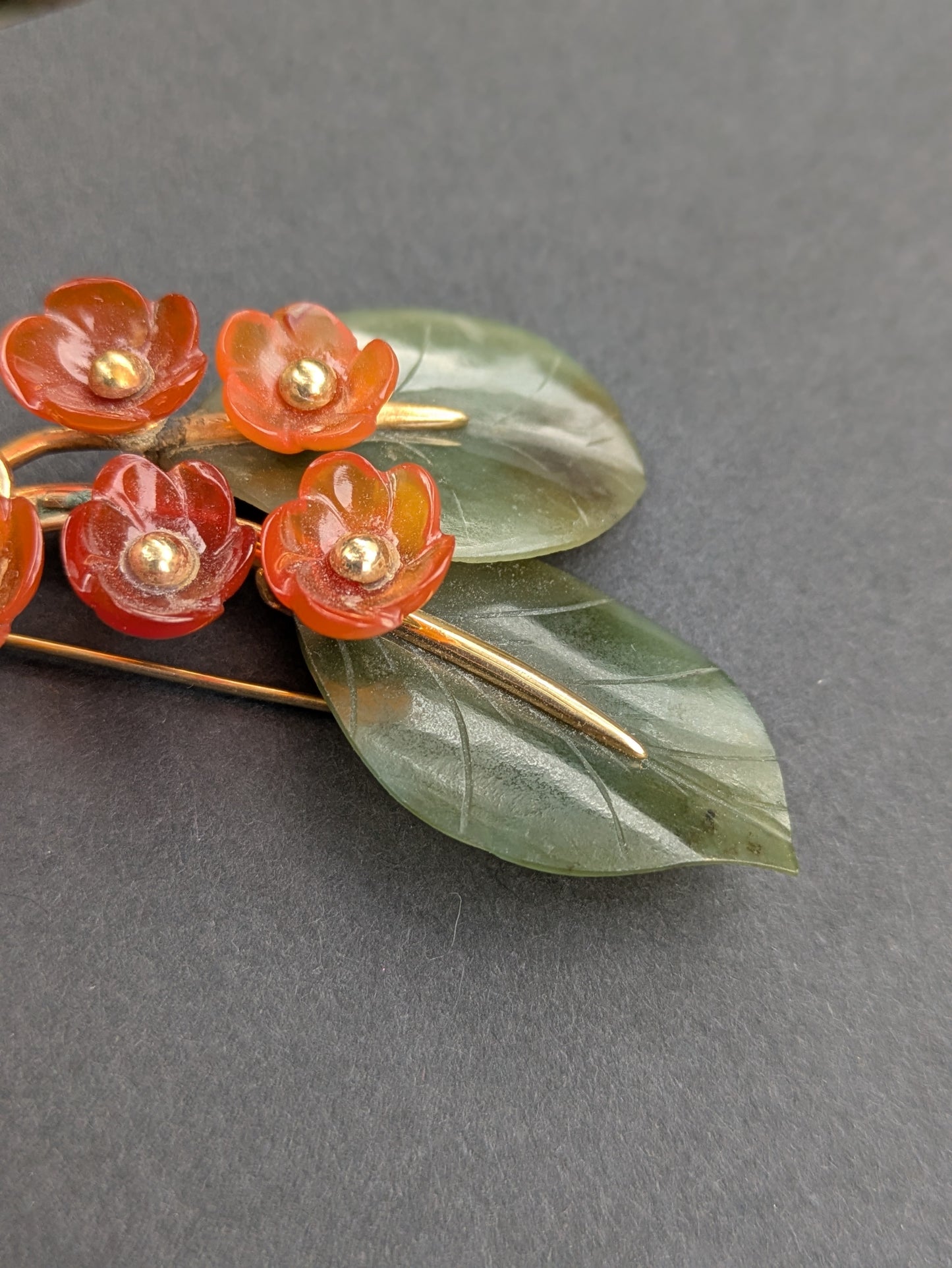 14k Carnelian Flower and Jade Floral Brooch