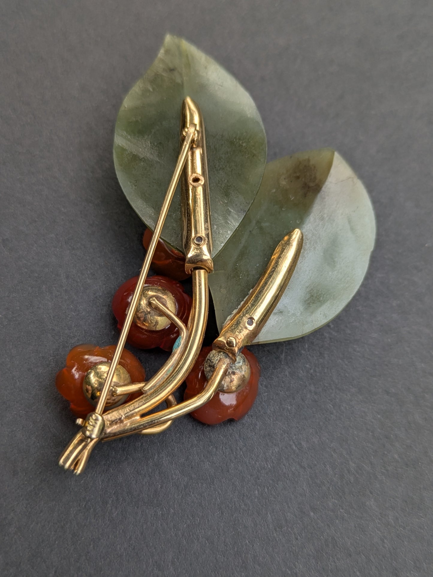 14k Carnelian Flower and Jade Floral Brooch