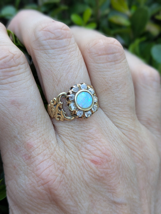 14k Opal Ring with Mine Cut Diamond Halo
