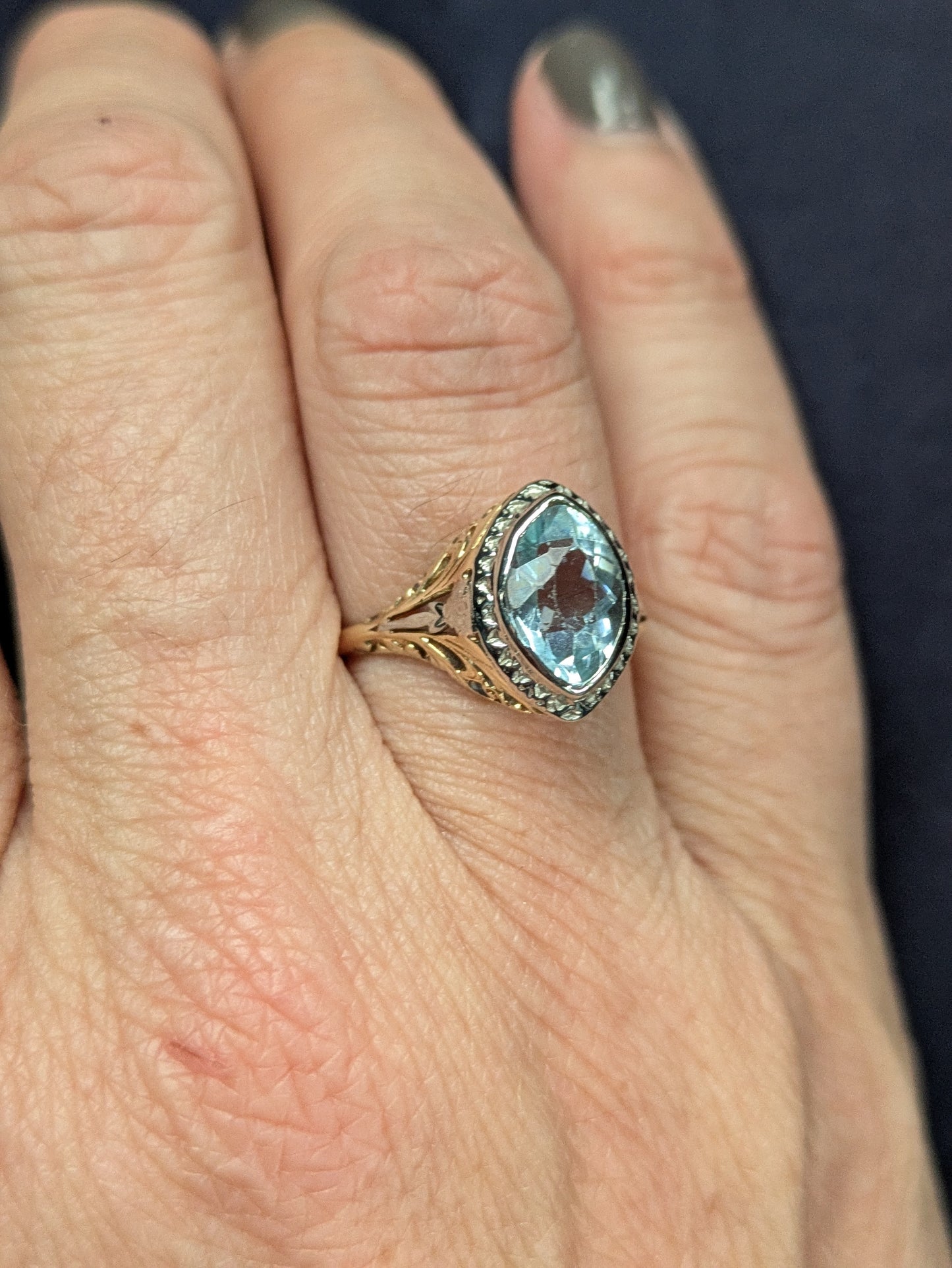 18k Edwardian Filigree Ring with Blue Topaz