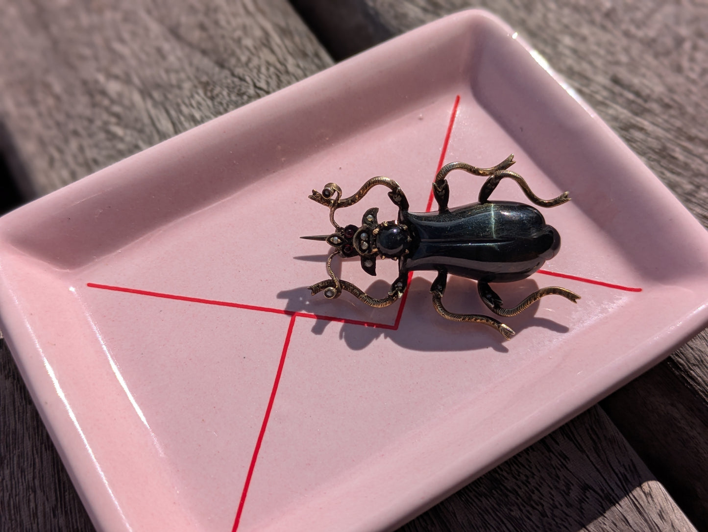 Early Victorian Blue Tiger Eye Beetle Brooch with Gold and Silver