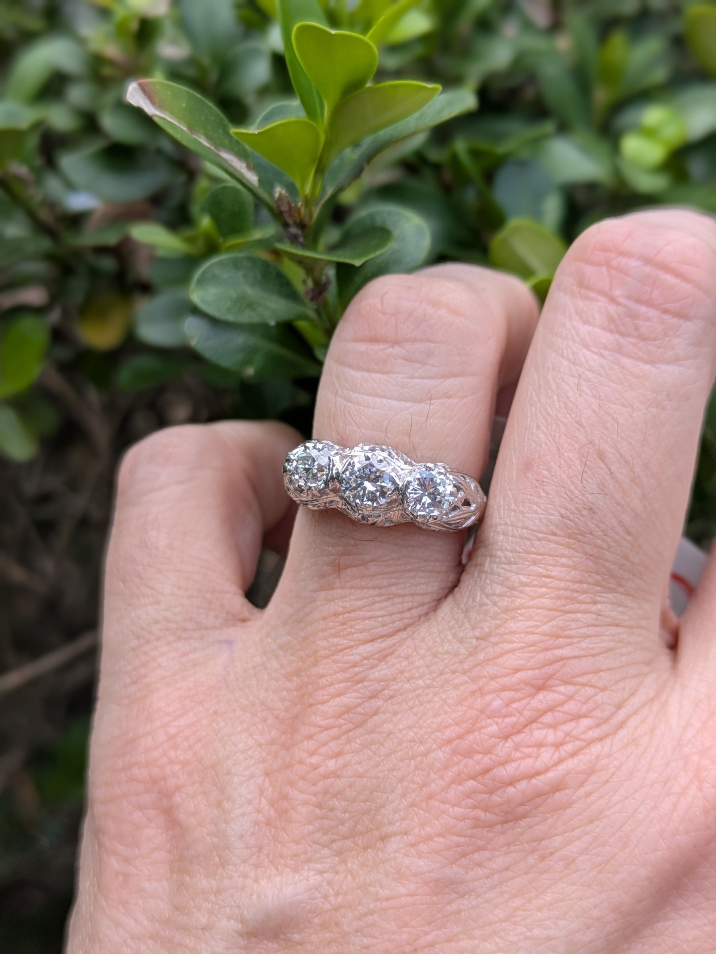 14k Edwardian Three Stone Ring with Old European Cut Diamond 1.65 ct