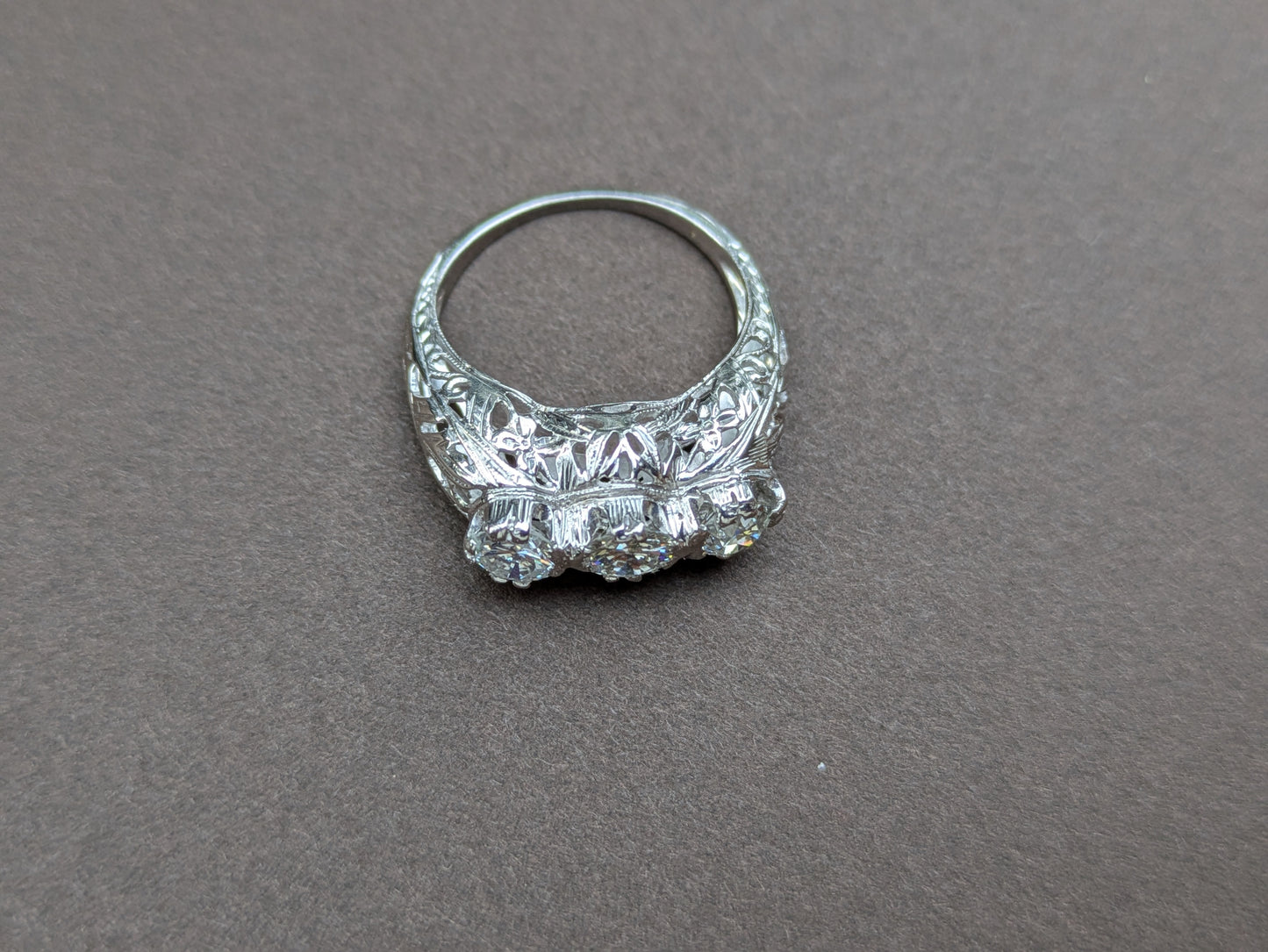14k Edwardian Three Stone Ring with Old European Cut Diamond 1.65 ct