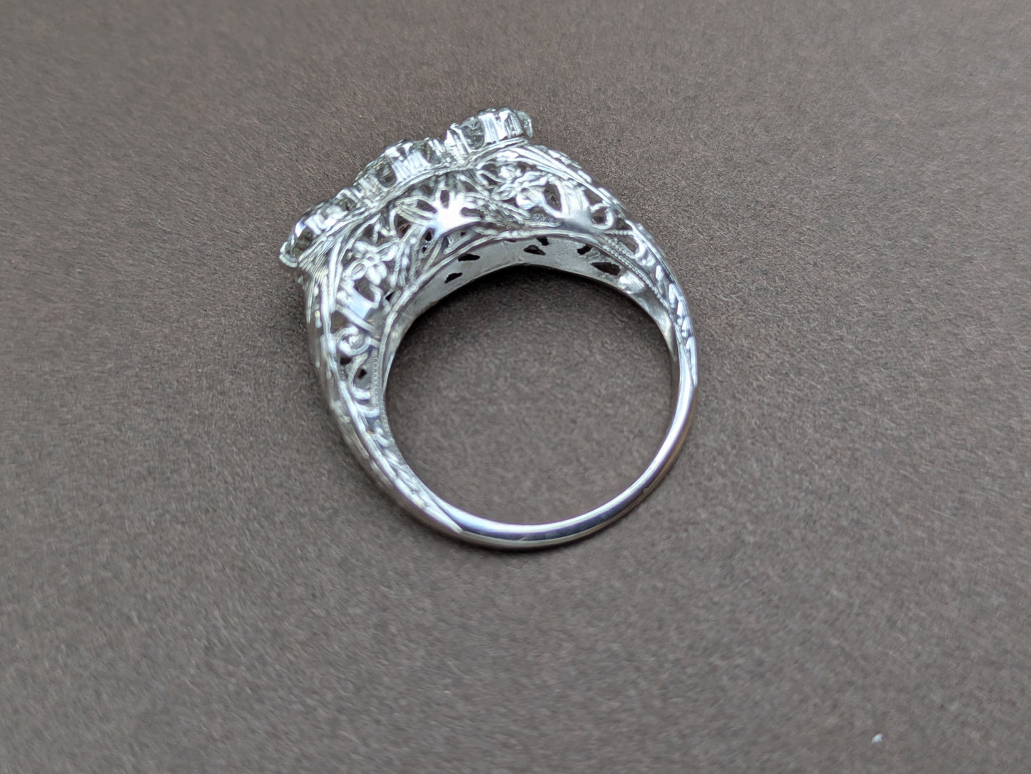 14k Edwardian Three Stone Ring with Old European Cut Diamond 1.65 ct