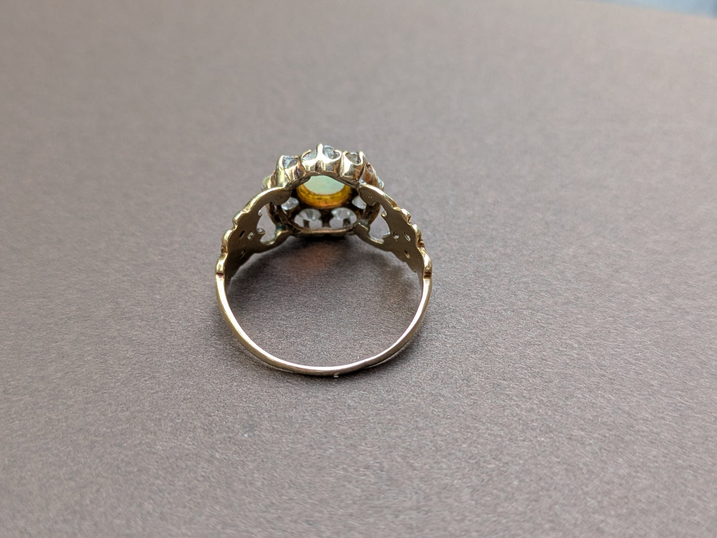 14k Opal Ring with Mine Cut Diamond Halo
