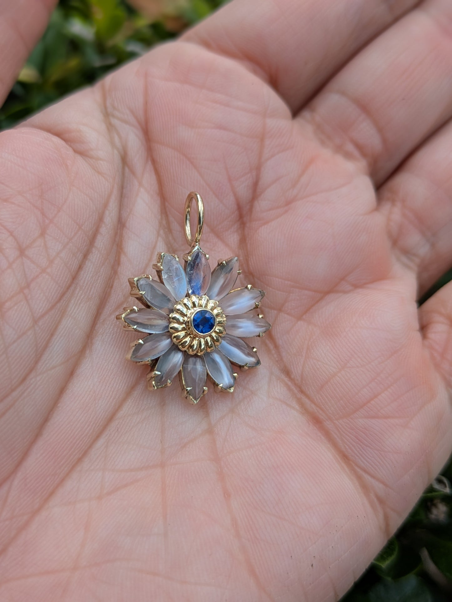 18k Moonstone and Sapphire Flower Pendant