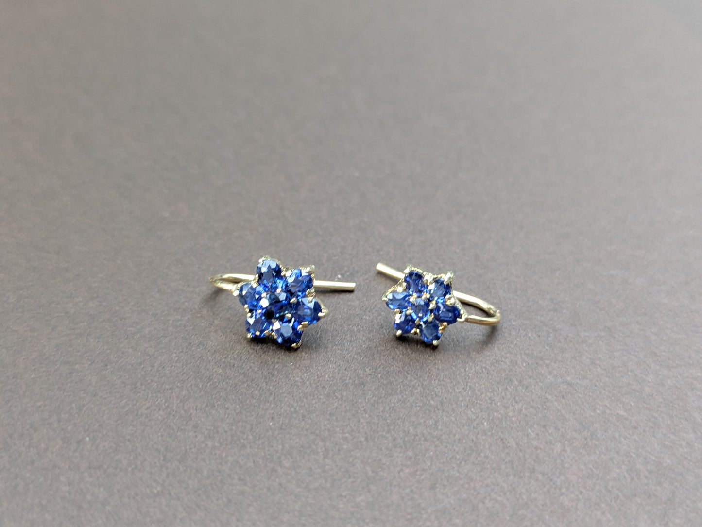 14k and 18k Sapphire Flower Cluster Earrings on Shepard Hooks