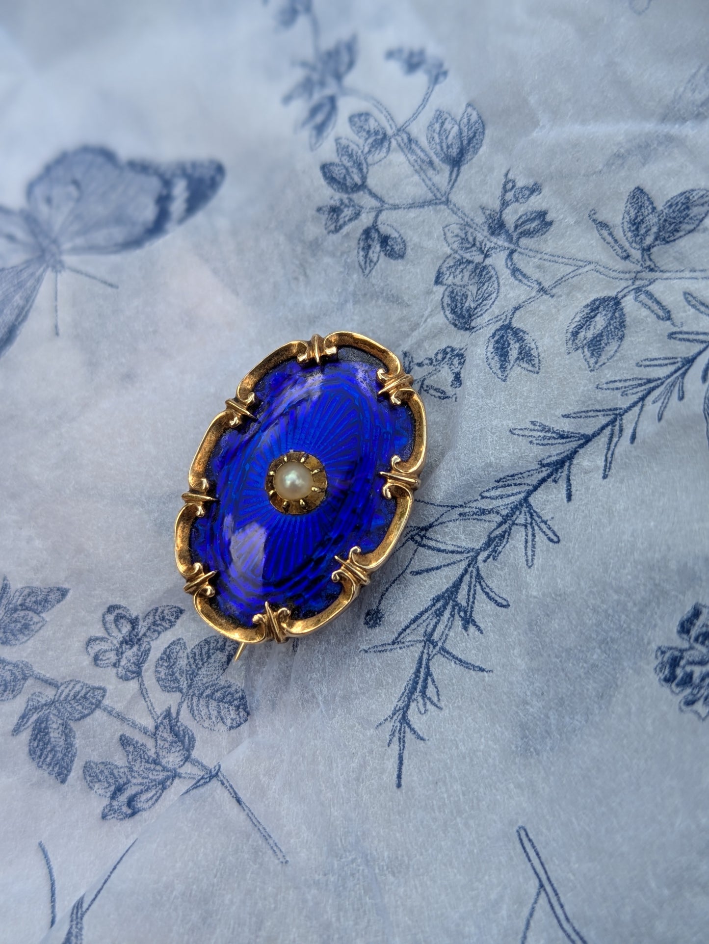 15k Blue Enamel and Pearl Brooch