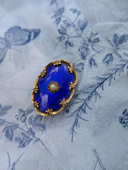 15k Blue Enamel and Pearl Brooch