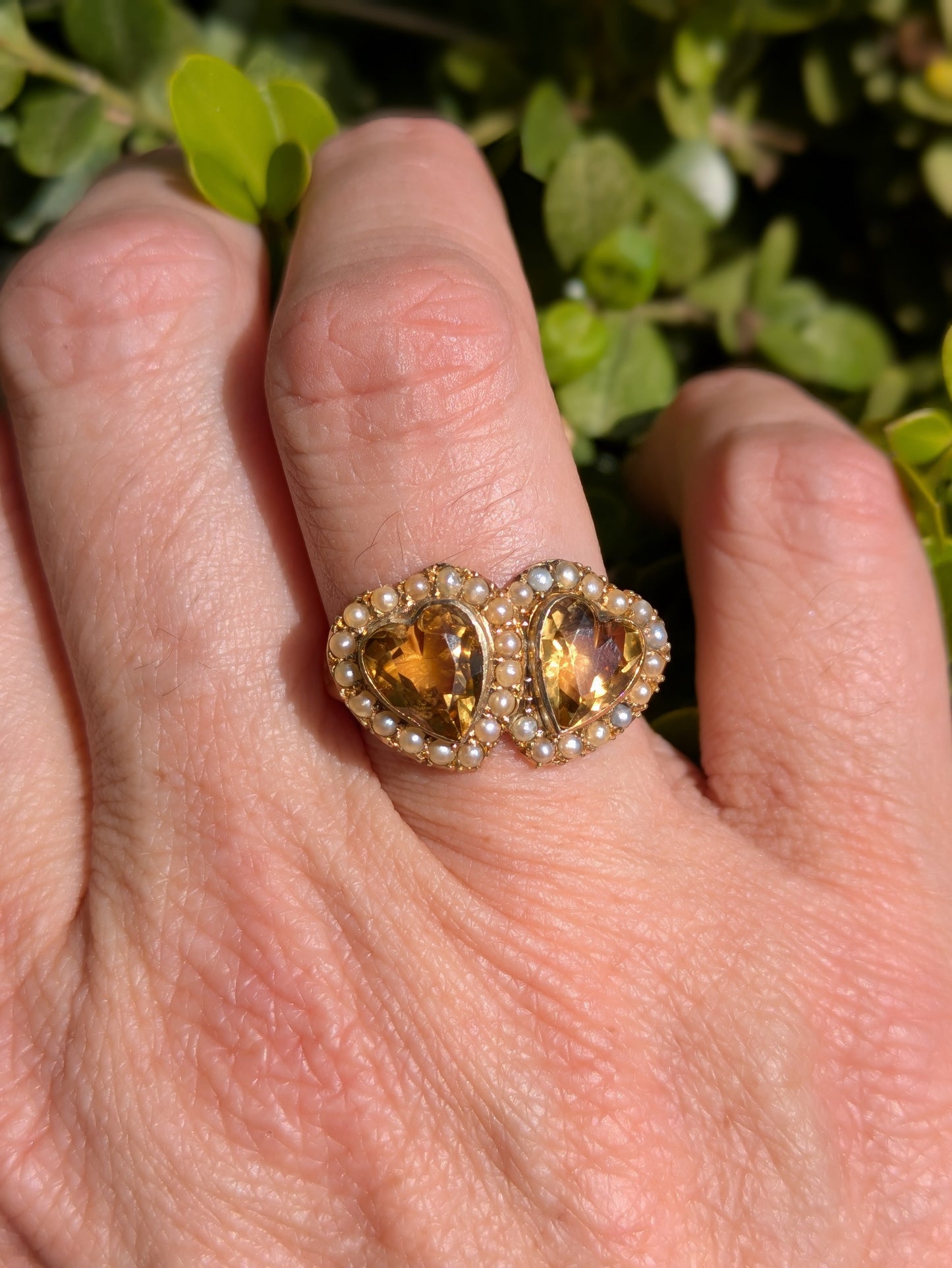 Double Heart Citrine & Seed Pearl Ring