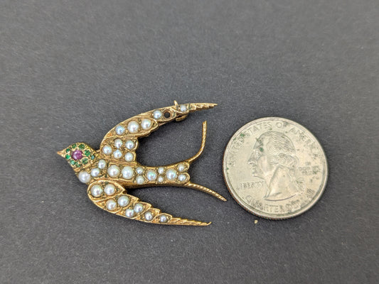 9k Large Swallow Ruby, Emeral & Pearl Booch