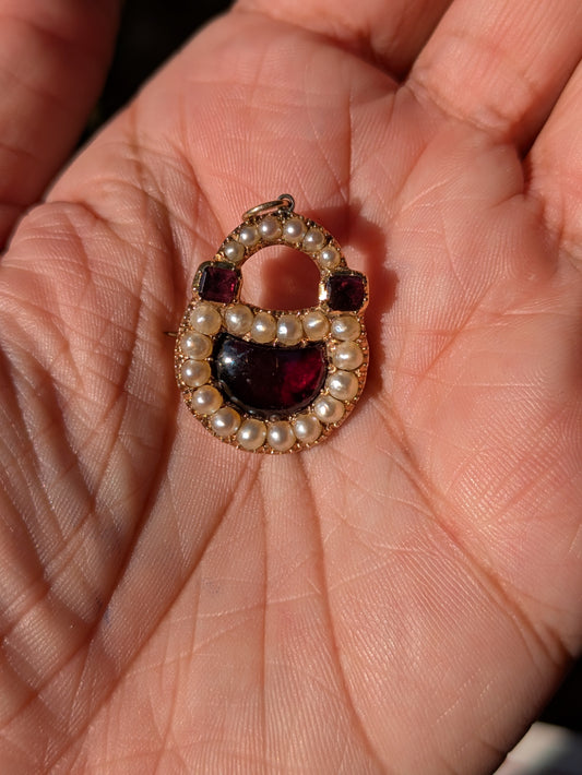 Garnet & Pearl Lock Brooch