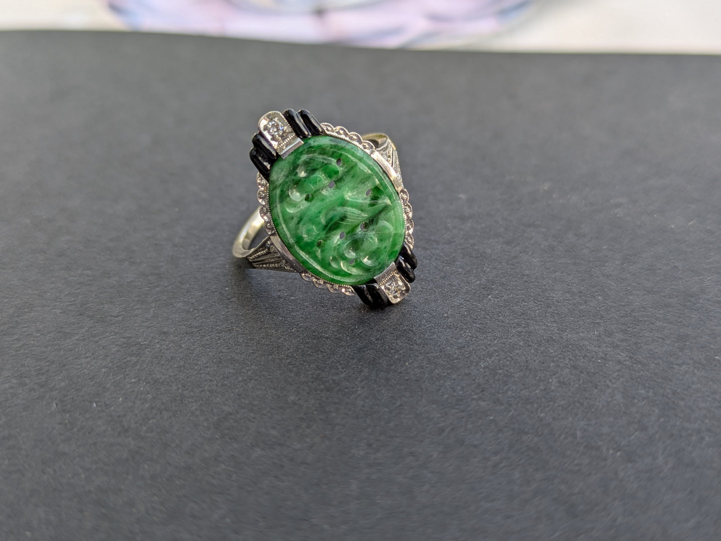 Art Deco Onyx Diamond & Jade Ring
