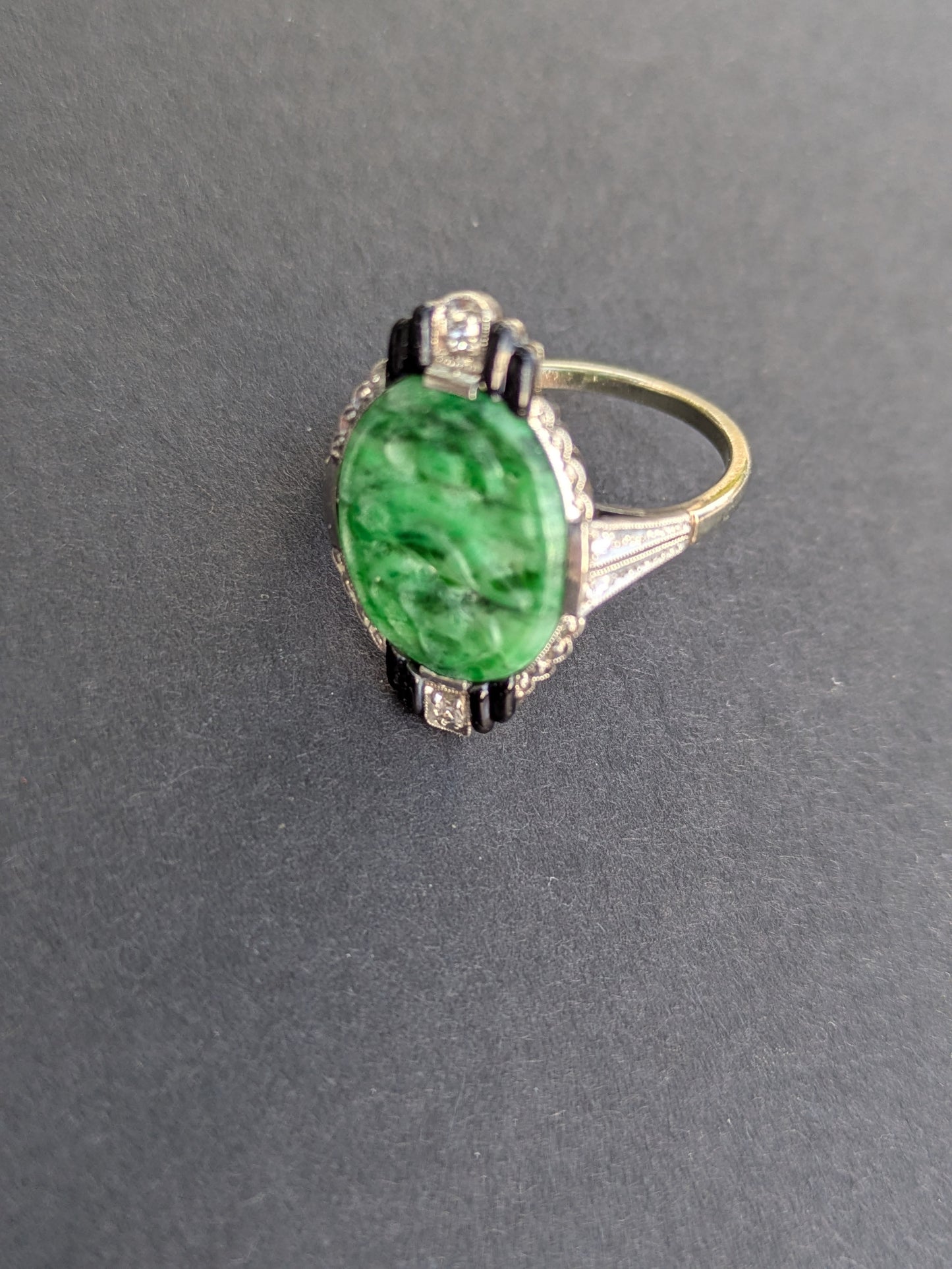 Art Deco Onyx Diamond & Jade Ring