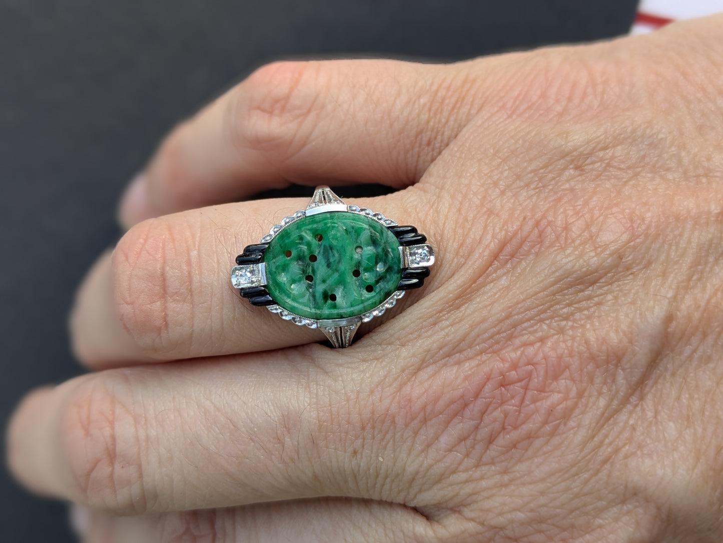 Art Deco Onyx Diamond & Jade Ring