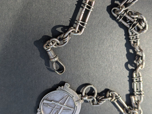 Birmingham 1938 Watch Chain, Fob & T-Bar Sterling Necklace