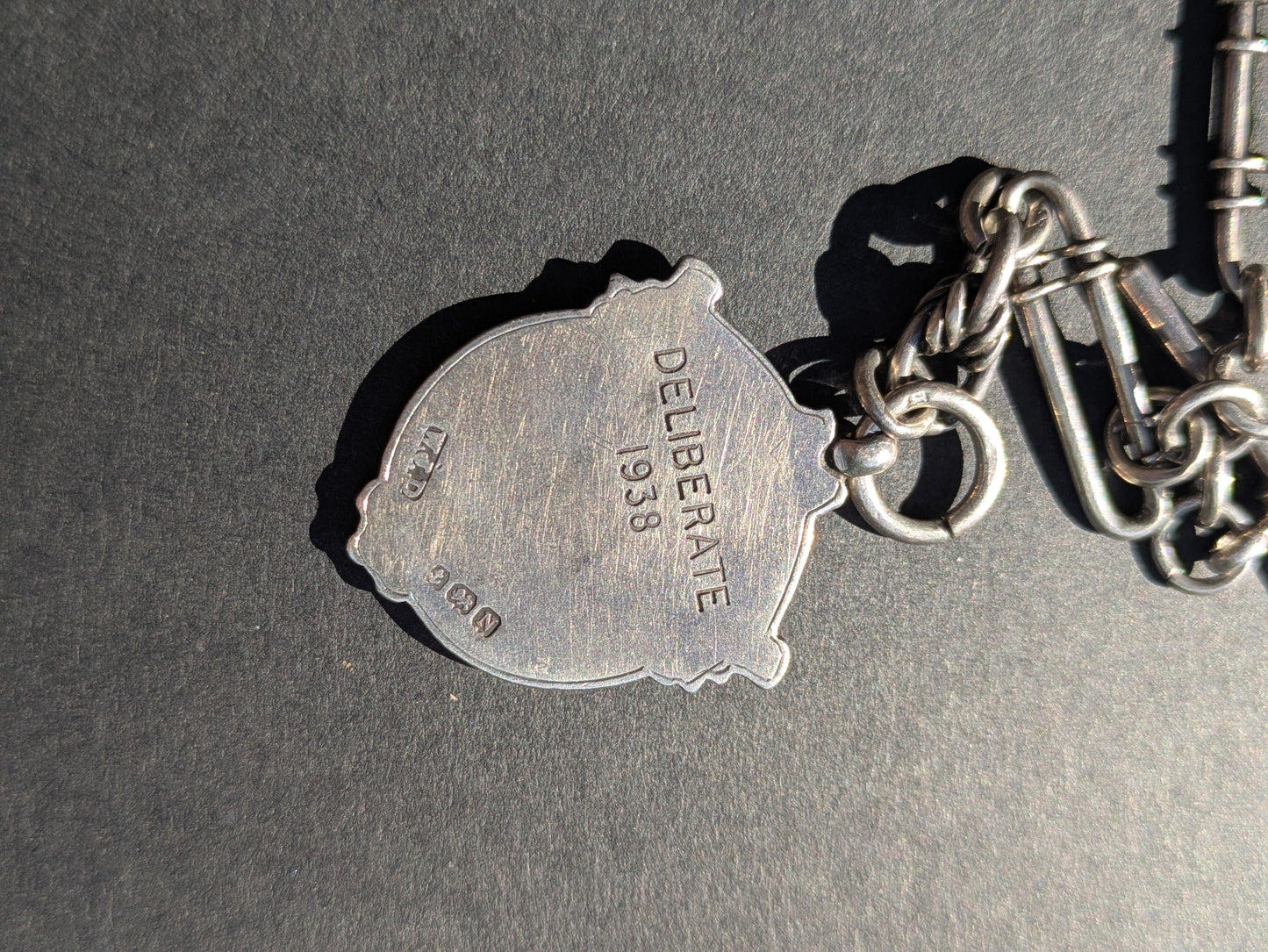 Birmingham Sterling 1913 Open Curb Chain with Dog Clip, T-Bar & Enamel Award Fob