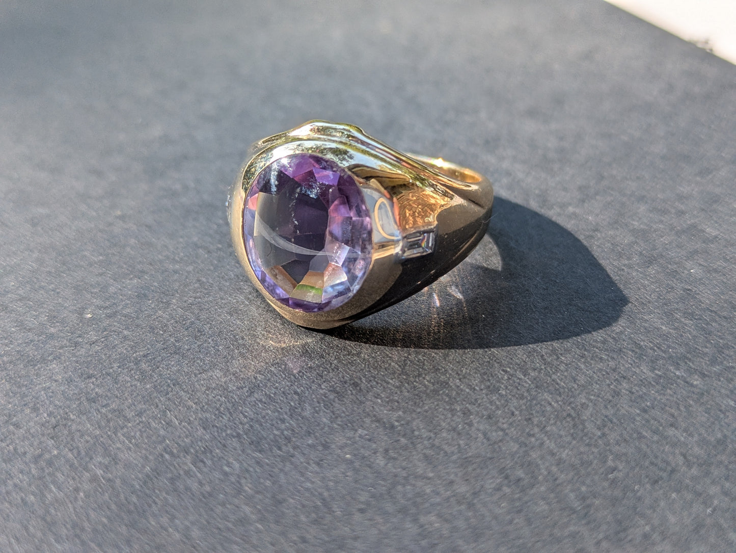 14k Amethyst Flush Set Ring with Diamond Baguettes